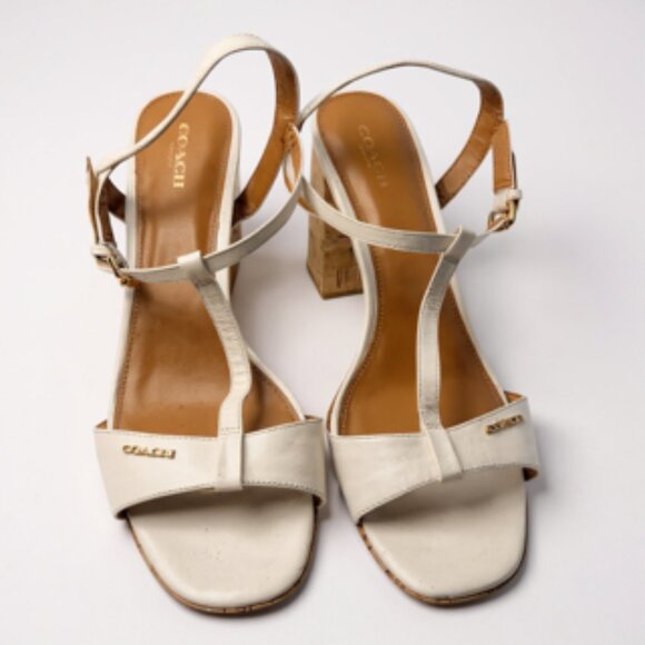Coach White Leather Cork Block Heel Sandals 11B - Picture 1 of 16